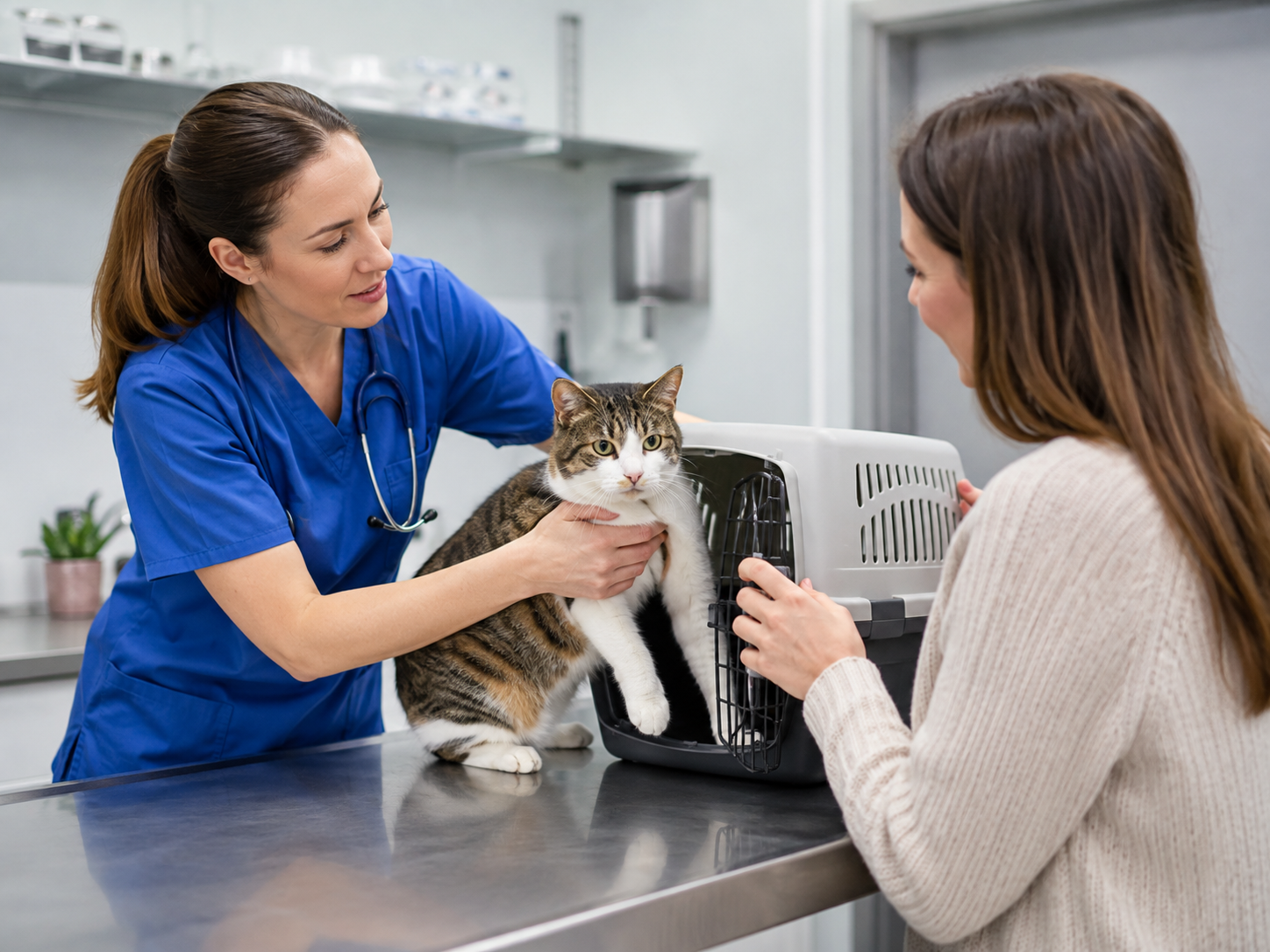 Cat receiving professional veterinary care in a modern clinic.