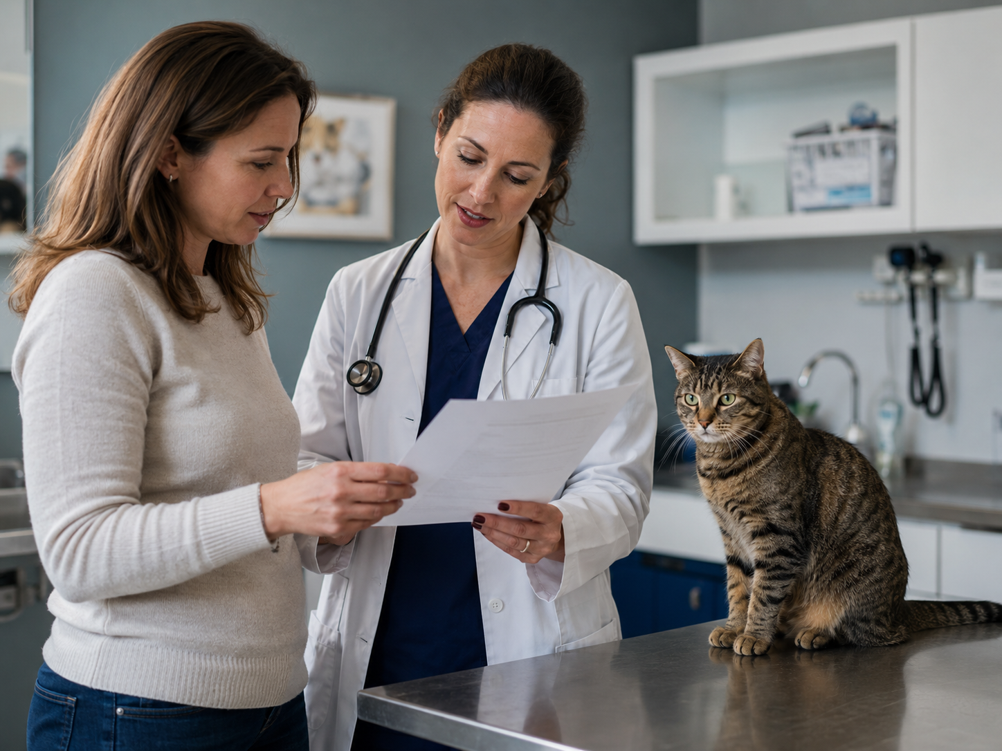 Cat receiving professional veterinary care in a modern clinic.