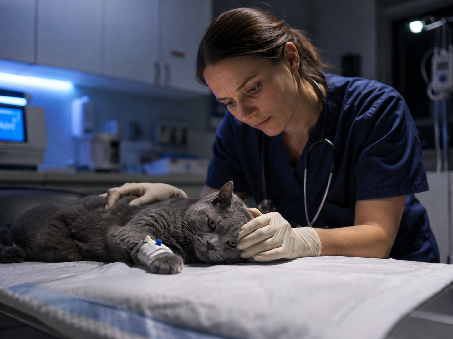 Cat receiving professional veterinary care in a modern clinic.