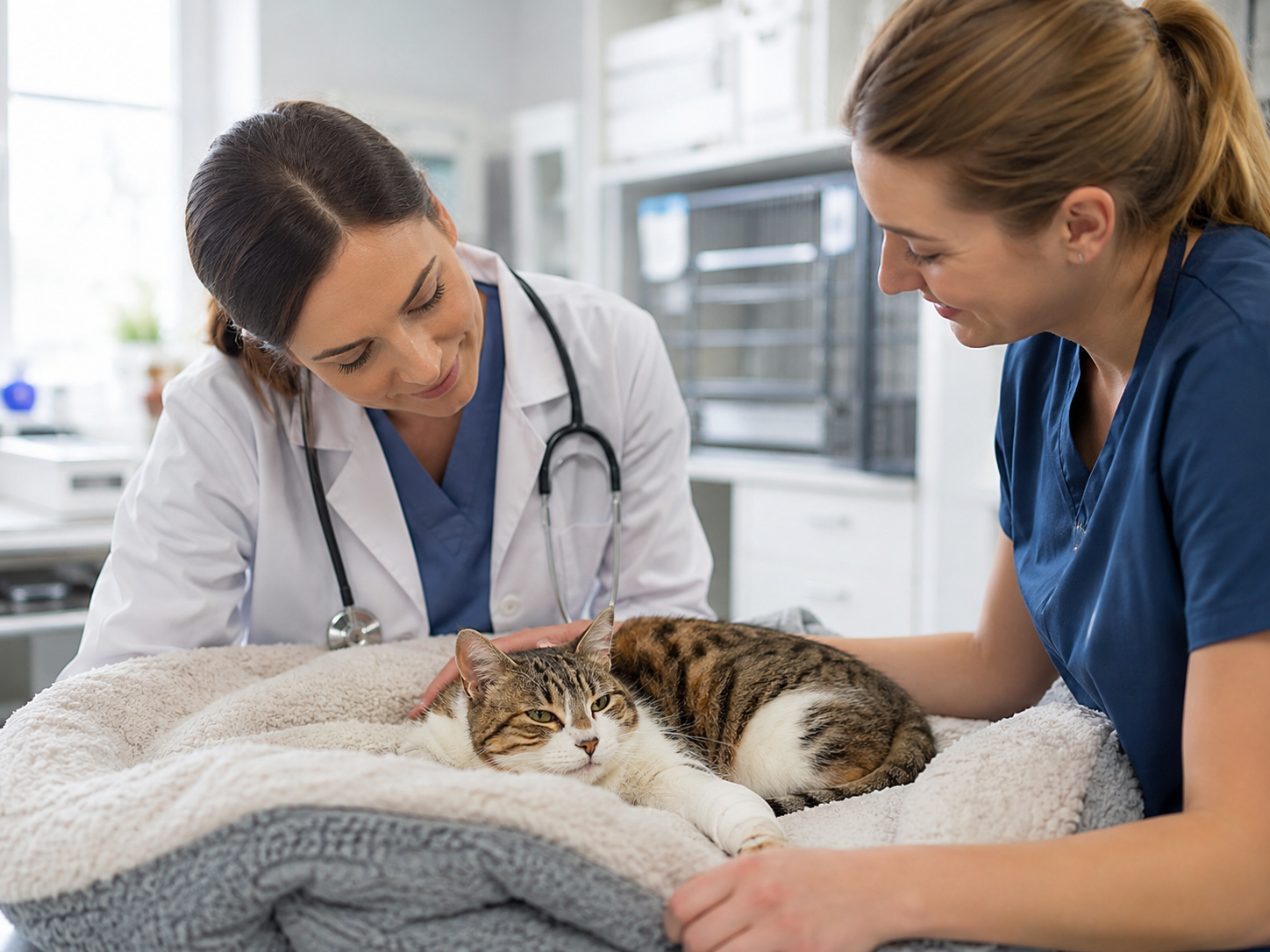 Cat receiving professional veterinary care in a modern clinic.