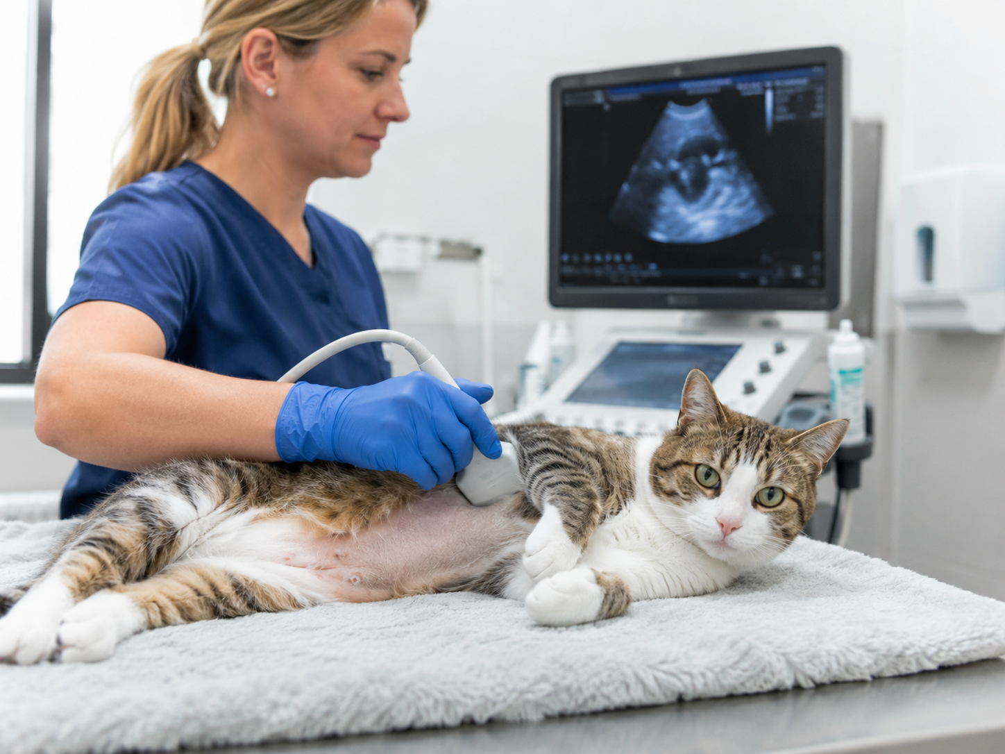 Cat receiving professional veterinary care in a modern clinic.