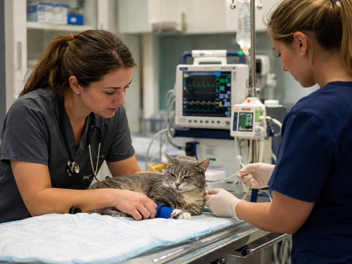 Cat receiving professional veterinary care in a modern clinic.
