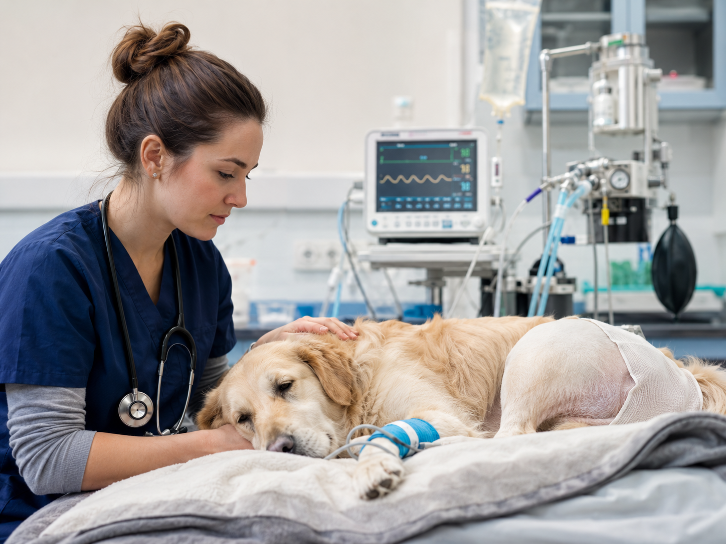 Dog receiving professional veterinary care in a modern clinic.